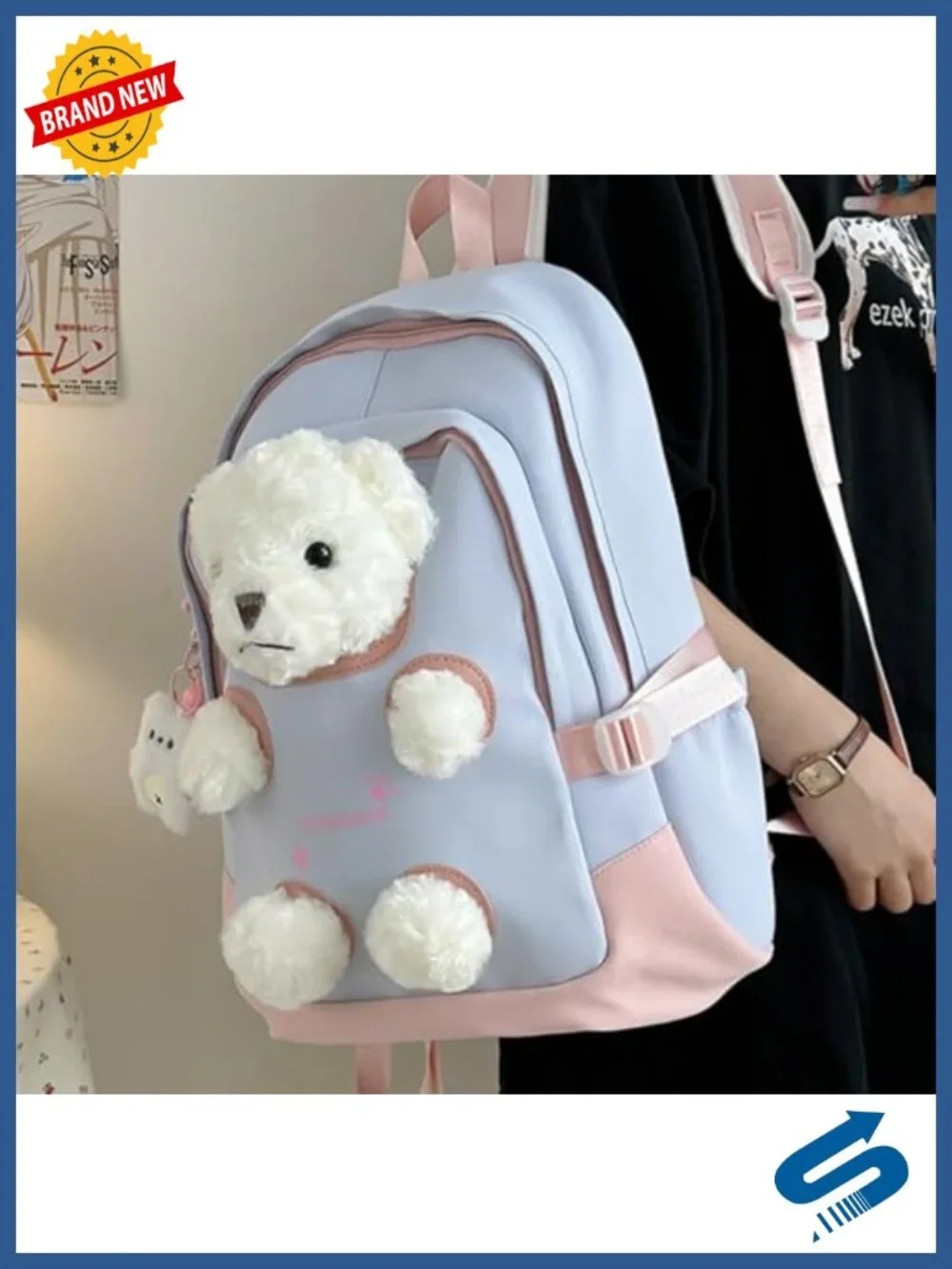 Detachable 3D Bear Plush Backpack with Pins - Kawaii Large Capacity Nylon